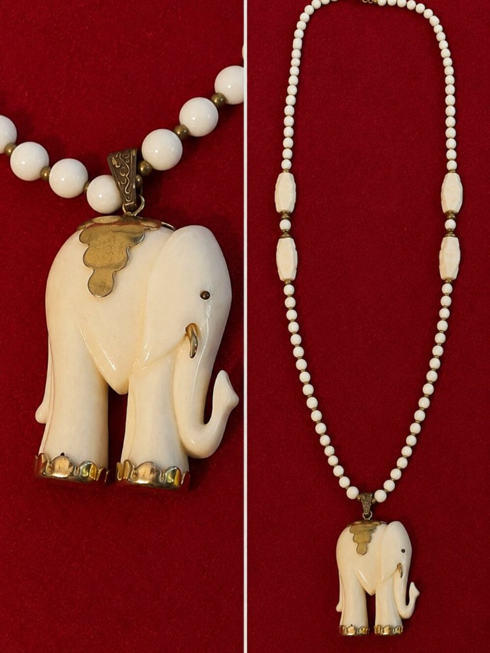 Miriam Haskell Vintage Elephant Pendant Necklace Ivory color Beaded Gold Tone